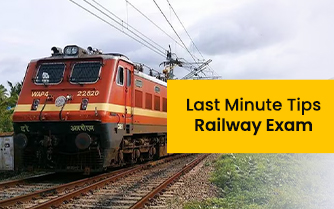 Railway exam coaching image: train on tracks with 'Lost Minute Tips Railway Exam'.