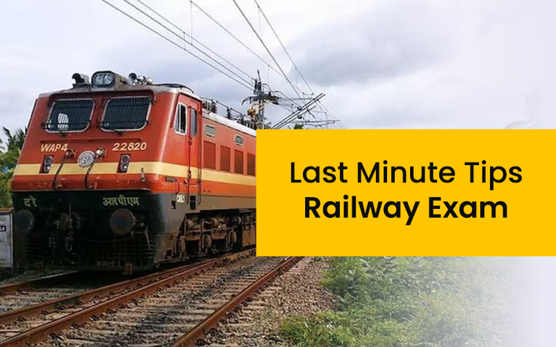 Train on tracks with 'Last Minute Tips Railway Exam' - image for railway exam coaching.