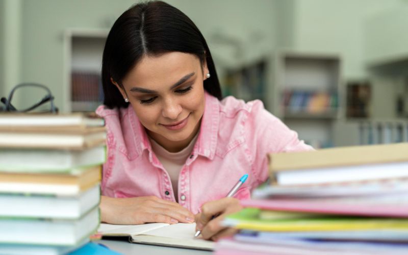 A female student studying with books and a pen at a WBCS coaching centre.